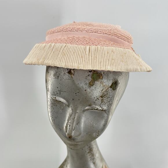 Vtg Pink Woven Straw Wide Brim Sun Hat Grosgrain Ribbon Bow Garden Tea Party